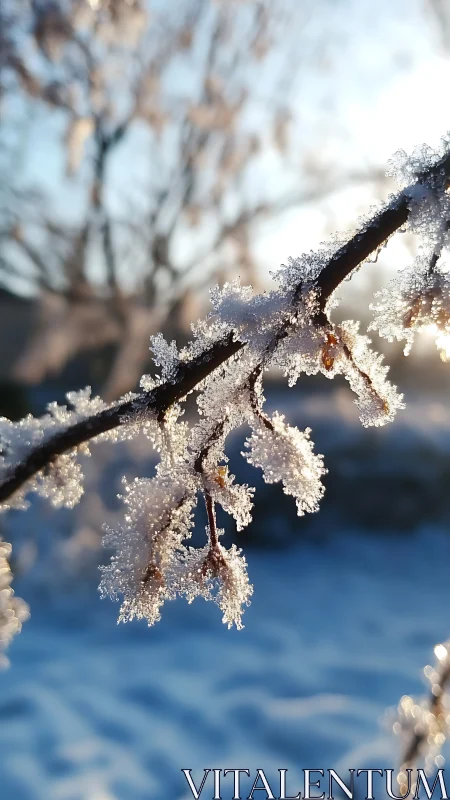 Frosted winter twig catches sunrise glow in crisp focus.