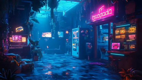 Neon-soaked cyberpunk alleyway with glowing arcade fronts.