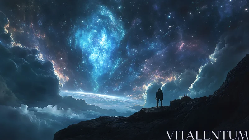 Lone astronaut studies luminous galactic storm horizon