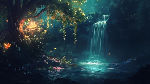 Luminescent Forest Cascade: Bioluminescent Waterfall with Atmospheric Light Sources