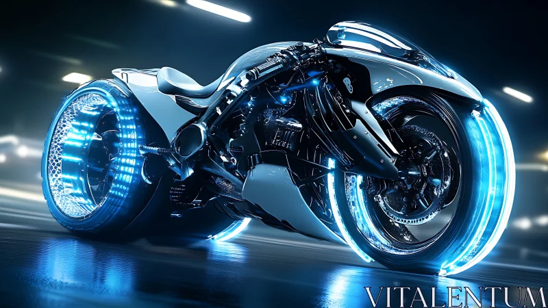 Futuristic neon-lit motorcycle races through a glowing city tunnel