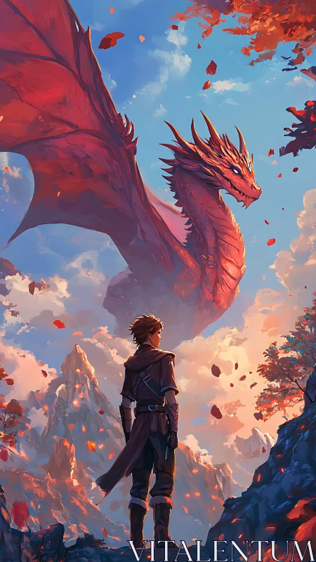 Young adventurer faces massive red dragon at sunset