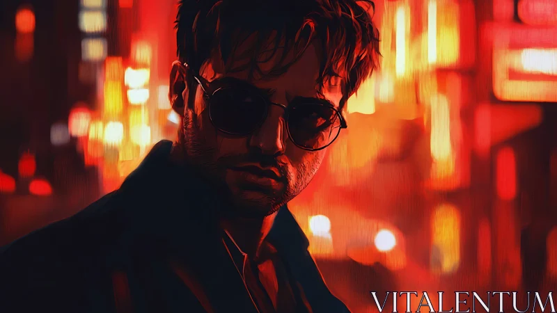 Neon city burns quietly behind the man in dark shades