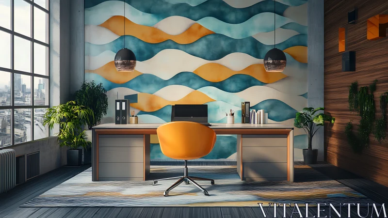 Modern office workspace showcases biophilic design and bold mural