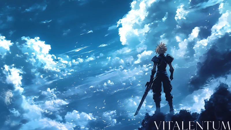 Sword-bearer waits where storm-dark clouds meet sunlit sky