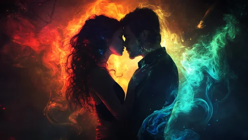 Two figures in profile with luminous particle effects