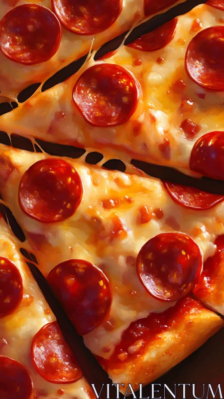 Digital closeup shows glossy pepperoni pizza slices overlap.