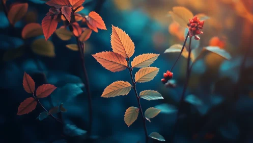 Golden leaves and red berries in dreamy forest bokeh.