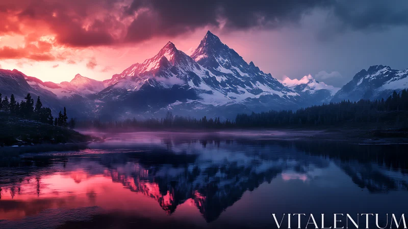 Glowing alpine peaks mirrored in twilight mountain lake.