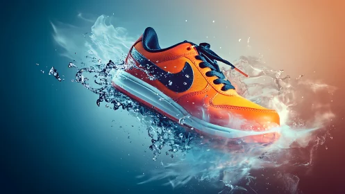Electric orange sneaker surges through splash-frozen water.