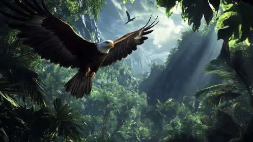 Bald eagle soaring over lush tropical jungle valley.