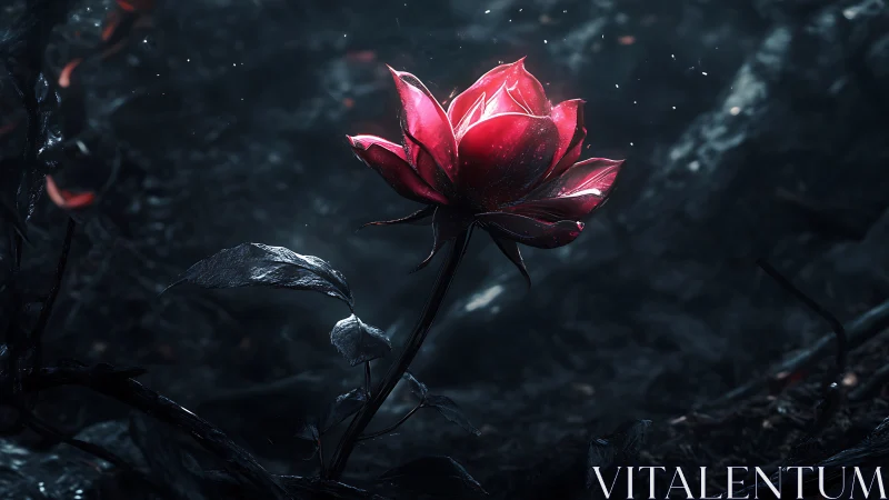Red Lotus Flower Against Dark Moody Background.