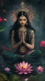 Divine woman meditates in lotus pond under ornate halo