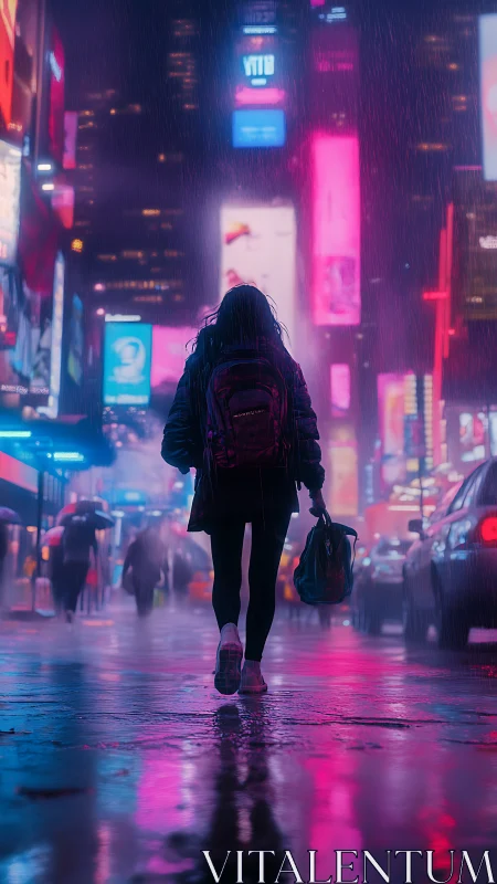 Cyberpunk street wanderer under neon monsoon illumination.