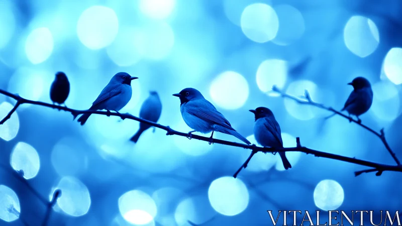 Small birds on branch with dreamy blue bokeh background, artistic style.