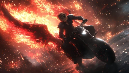 Motorcycle rider speeds through fire with vast burning wings