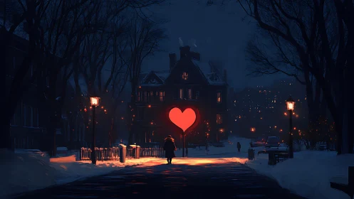 Glowing Heart Monument Lights Winter Street at Dusk