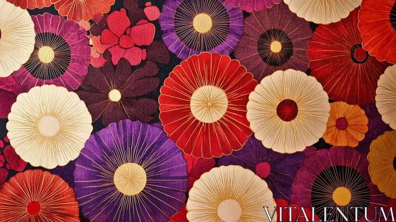 Radiant floral textile pattern with gold accents on crimson field.