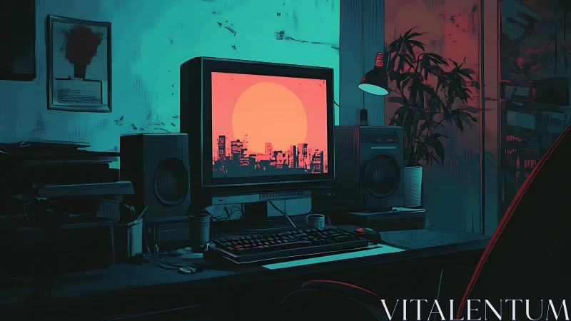 Moody neon-lit desk setup with retro cityscape screen.