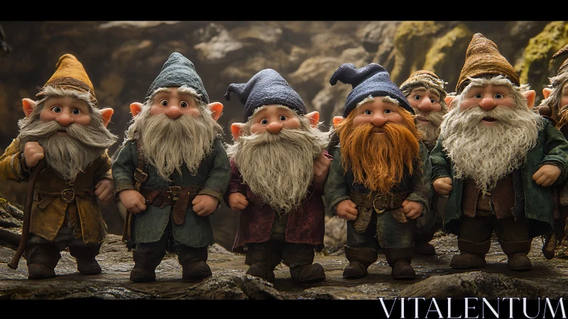 Row of stylized gnome characters standing in rocky cave