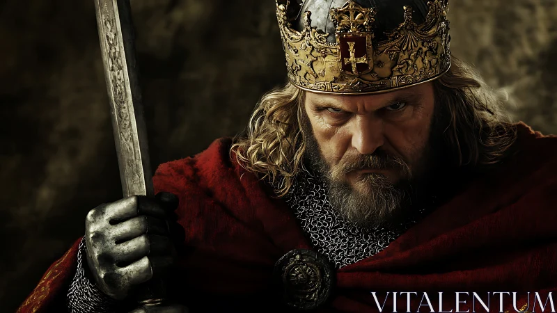 Storm-eyed medieval king clutching a battle scarred sword.
