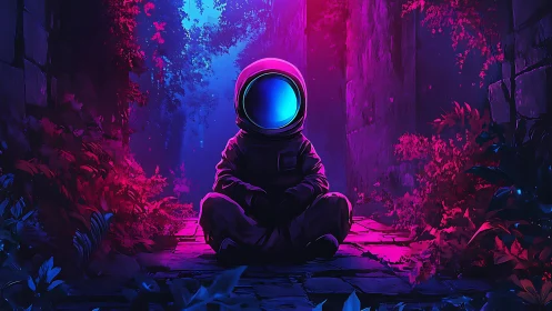 Neon-lit astronaut sits alone in bioluminescent jungle ruins