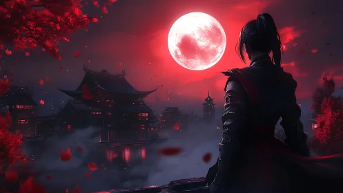 Armored figure overlooking red moon above misty pagodas.