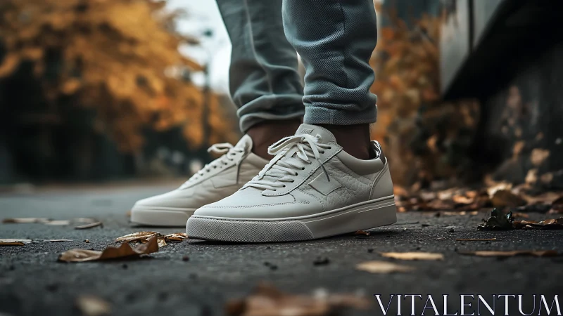 Minimalist white sneakers step through an urban autumn street.