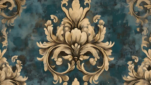 Baroque flourishes bloom over moody teal patina backdrop.