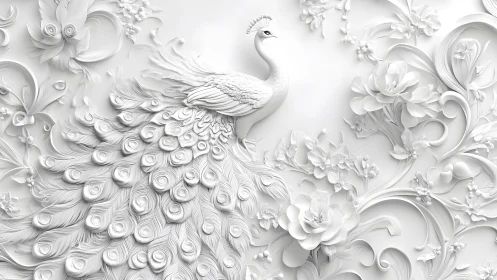 Elegant white peacock in intricate floral 3D paper art style.
