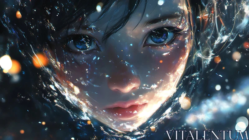Girl’s illuminated face surrounded by drifting particles.