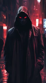 Mysterious hooded watcher stands under neon city rain