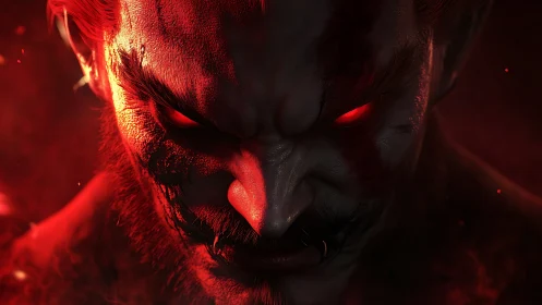 Infernal warrior glare carved in molten crimson shadow.