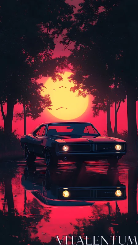 Retro muscle car reflects in neon-lit wetland at stylized sunset