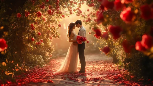 Romantic Floral Tunnel: Golden Hour Wedding Portrait.