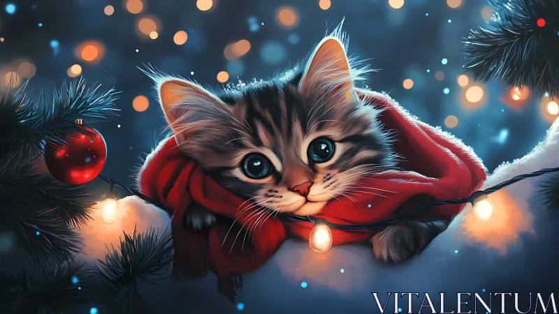 Cozy kitten nestles in snowlit Christmas lights and warmth