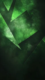 Emerald geometric layers glow softly in moody green light