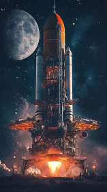 Vertical launch tower rocket ignites against lunar backdrop