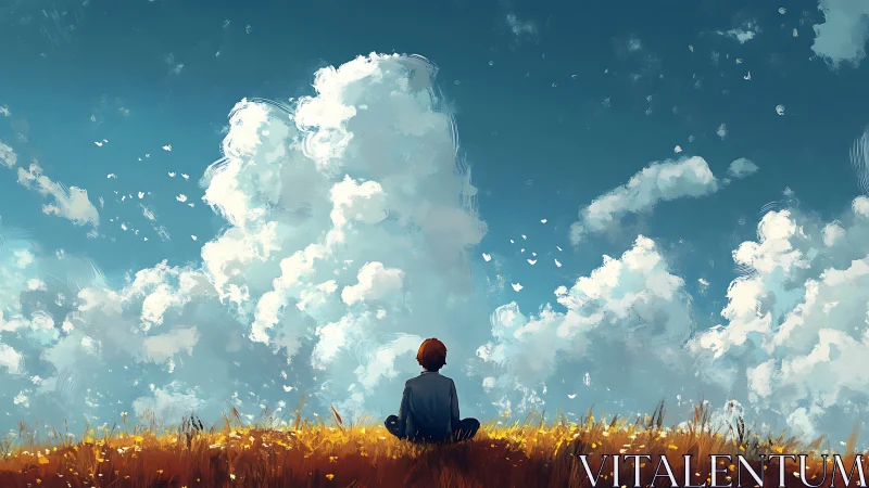 Solitary observer in chromatic meadow under cumulus sky.