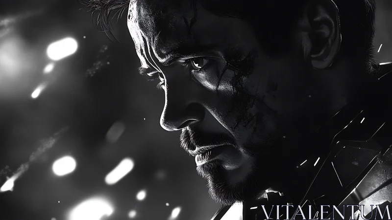 Battle-scarred hero in burning monochrome resolve portrait.