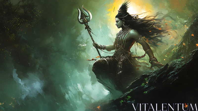 Mythic warrior meditating on cliff with trident, mist and backlight