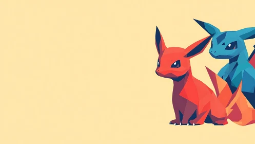 Low-poly twin creatures on minimalist pastel ground.