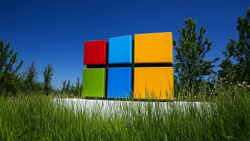 Microsoft logo monument rises over summer campus lawn.