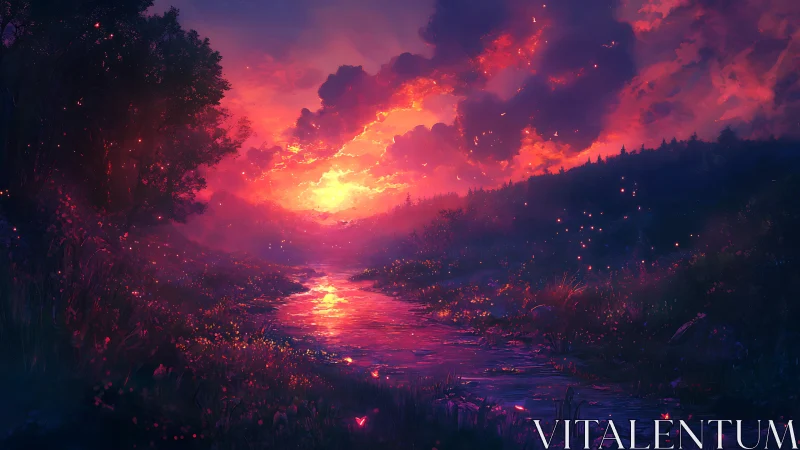 Sunset illuminates a reflective stream through a forested valley