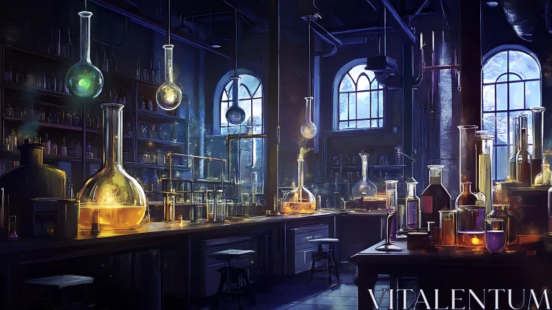 Moody vintage laboratory interior with glowing alchemy glass.