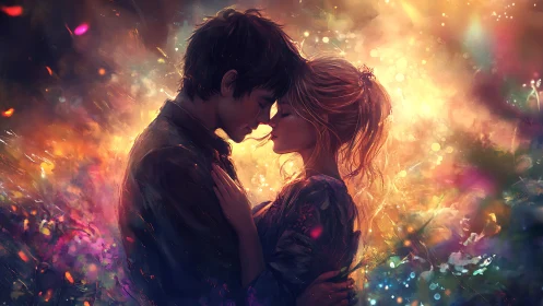 Luminous Embrace Within Chromatic Particle Explosion.