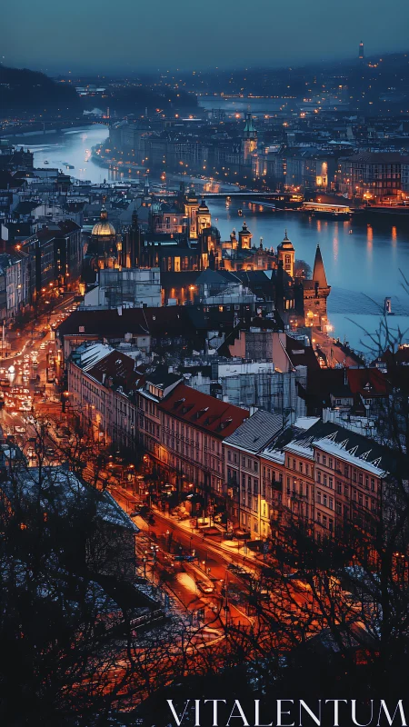 Midnight embers weave through a riverlit European old town.