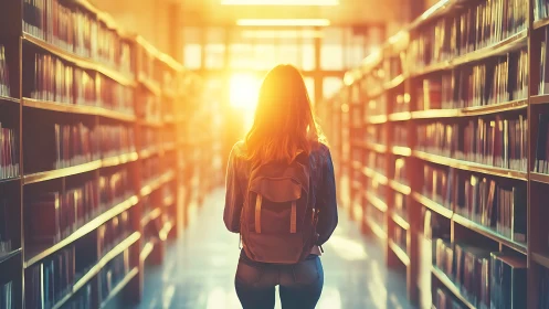 Student in sunlit library aisle, warm atmosphere, hopeful mood.