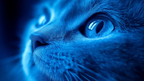 Close-up feline head with luminescent blue eye and glowing effects