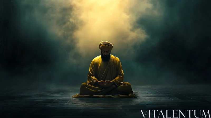 Gentle monk in golden light resting in calm meditation.